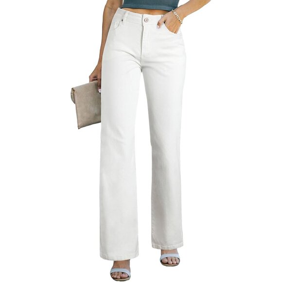 Denim - Women's Wide Leg Jeans High Waisted Straight Fit Pockets Casual Denim